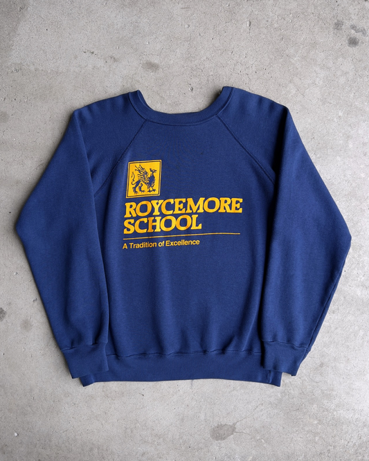1980s Roycemore School Navy Blue Raglan Sweatshirt  - Shop ThreadCount Vintage Co.