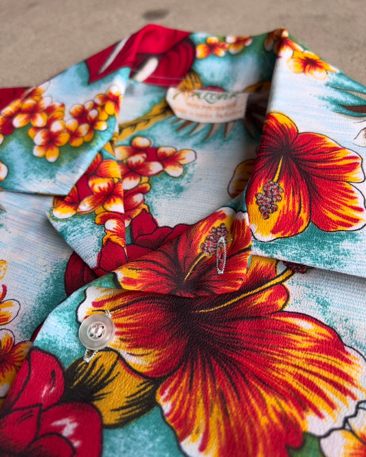 1960s Red Hibiscus Floral Aloha Hawaiian Shirt  - Shop ThreadCount Vintage Co.