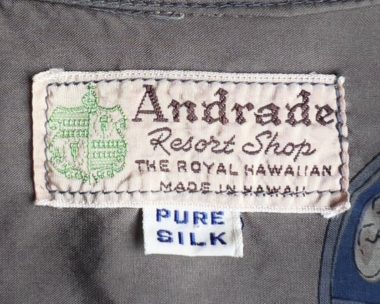 1950s Silver Scripture Japanese Print Silk Hawaiian Shirt  - Shop ThreadCount Vintage Co.