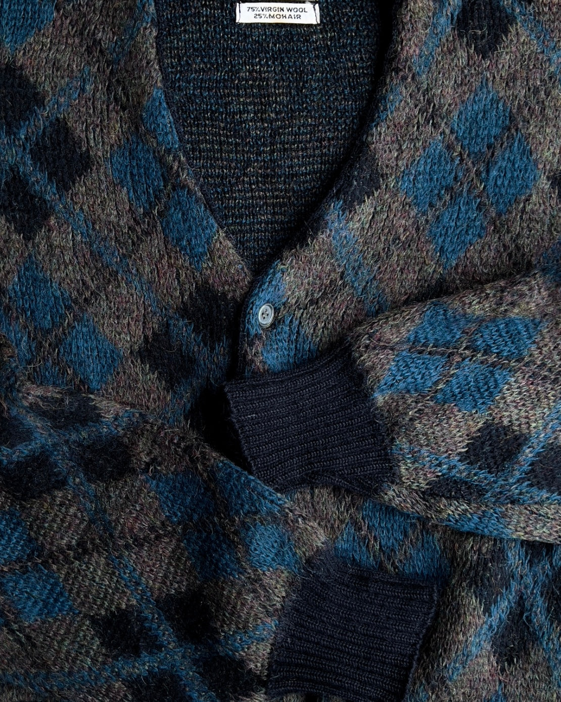 1960s Black & Blue Diamond Argyle Mohair Cardigan  - Shop ThreadCount Vintage Co.