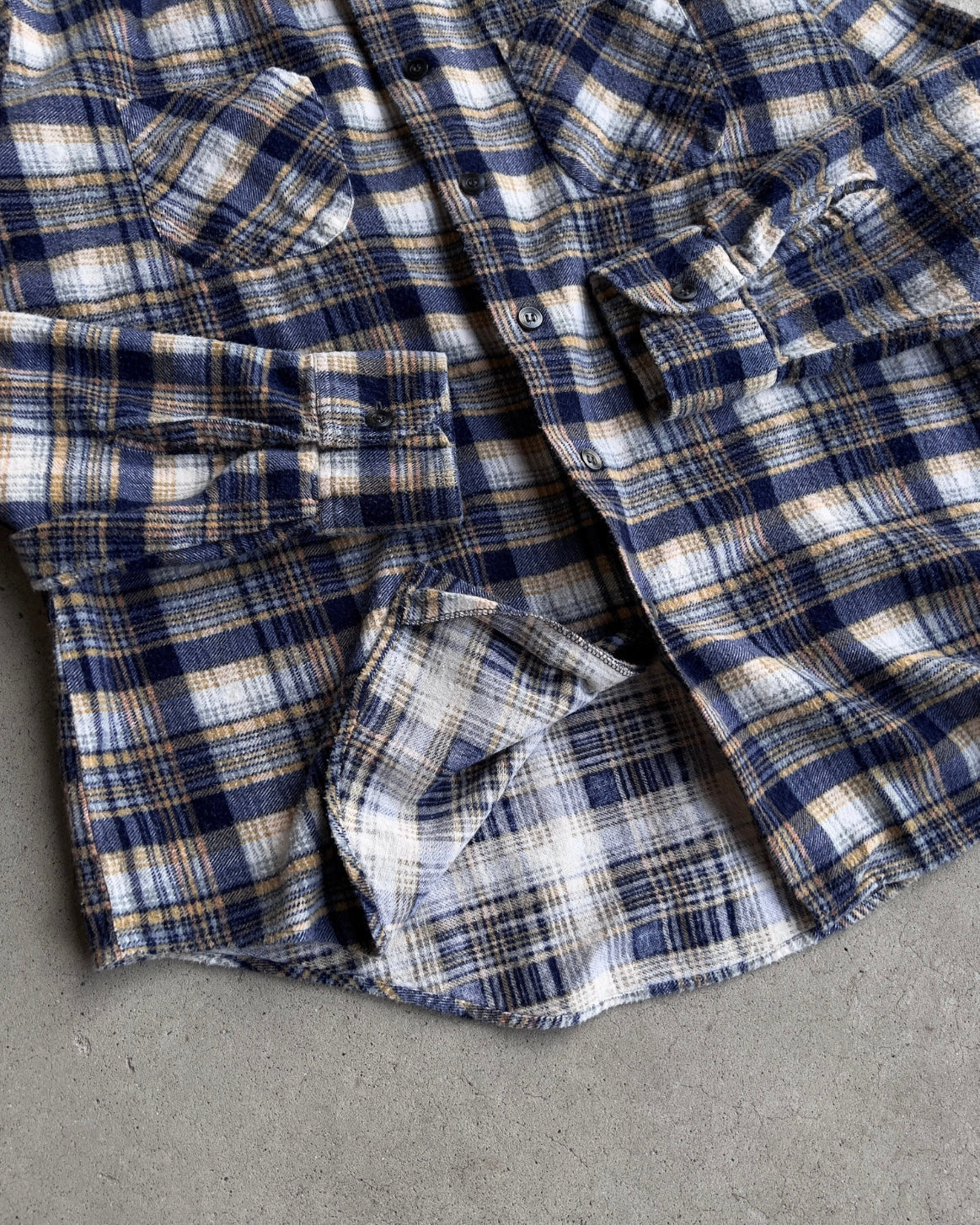 1980s Blue & Yellow Faded Cotton Plaid Flannel Shirt  - Shop THREADCOUNT Vintage Co.