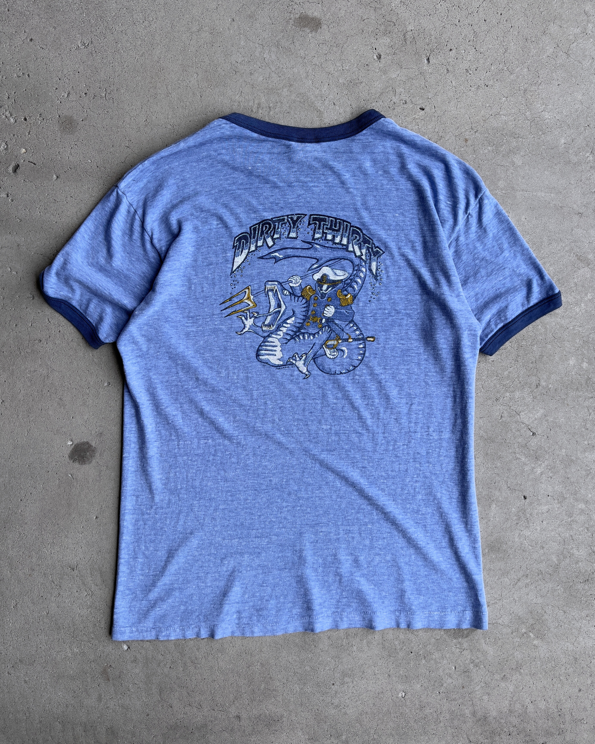 1980s Dirty Thirty Naval Academy Serpent Faded Ringer Tee  - Shop ThreadCount Vintage Co.