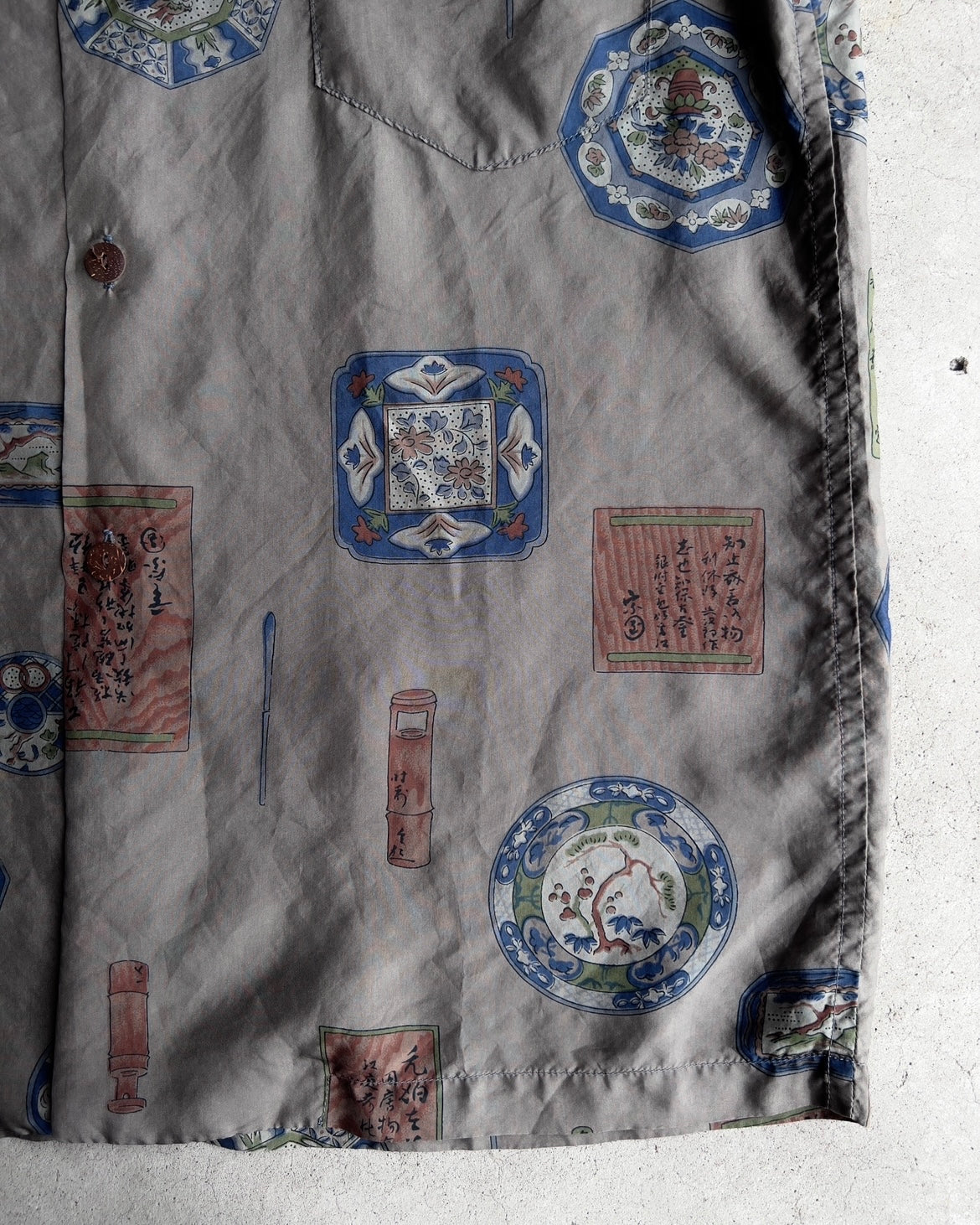 1950s Silver Scripture Japanese Print Silk Hawaiian Shirt  - Shop ThreadCount Vintage Co.