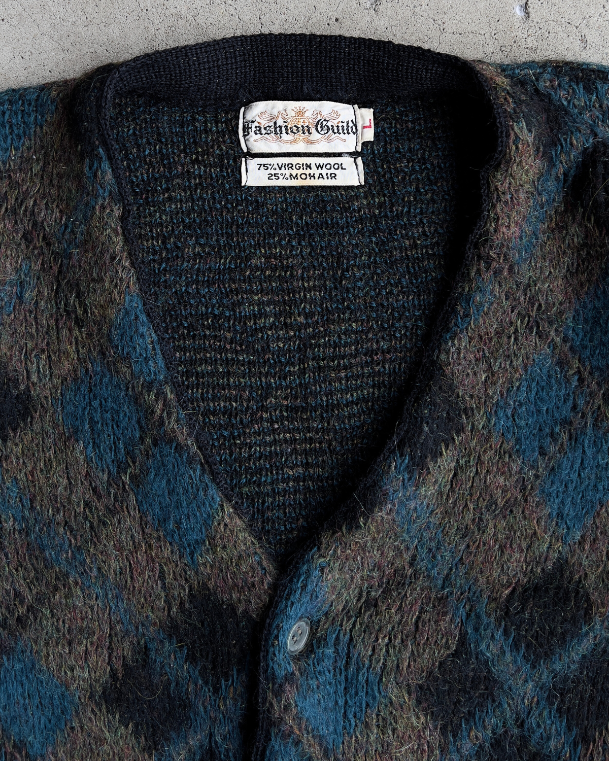 1960s Black & Blue Diamond Argyle Mohair Cardigan  - Shop ThreadCount Vintage Co.
