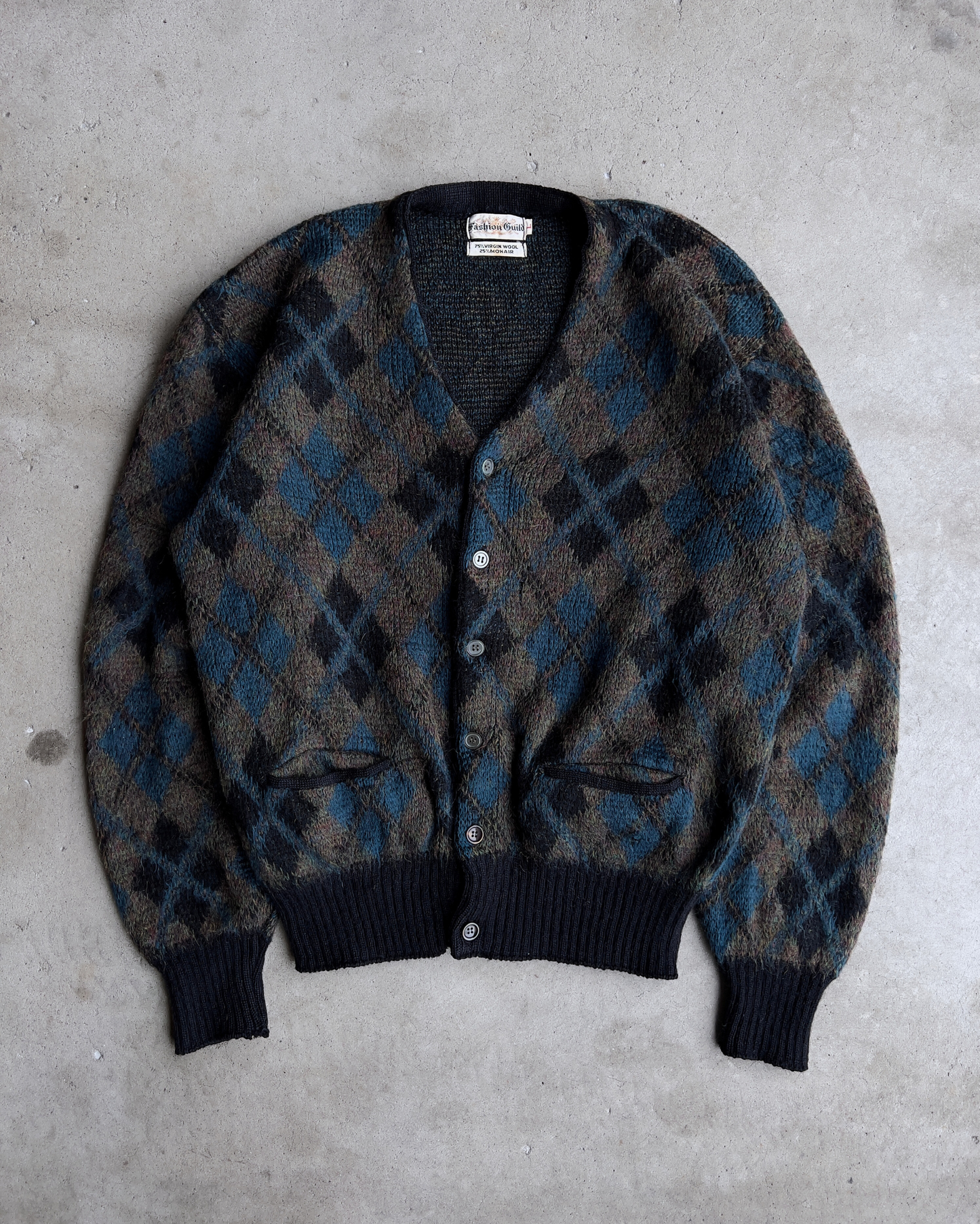 1960s Black & Blue Diamond Argyle Mohair Cardigan  - Shop ThreadCount Vintage Co.