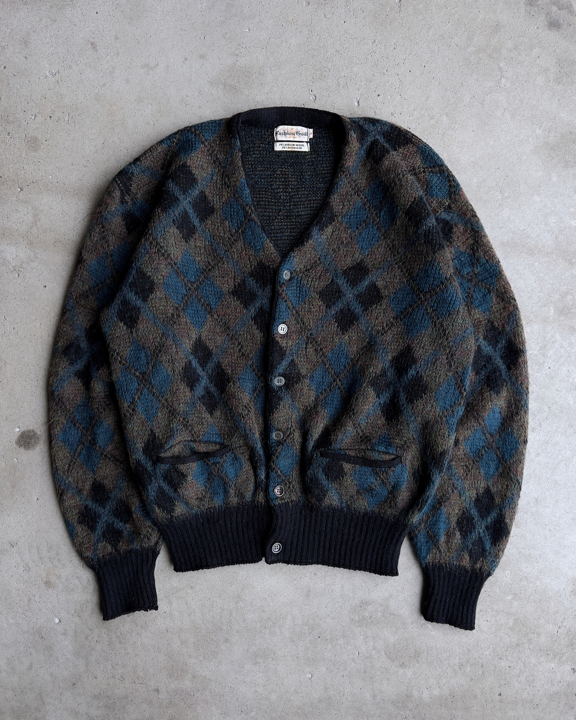 1960s Black & Blue Diamond Argyle Mohair Cardigan  - Shop ThreadCount Vintage Co.