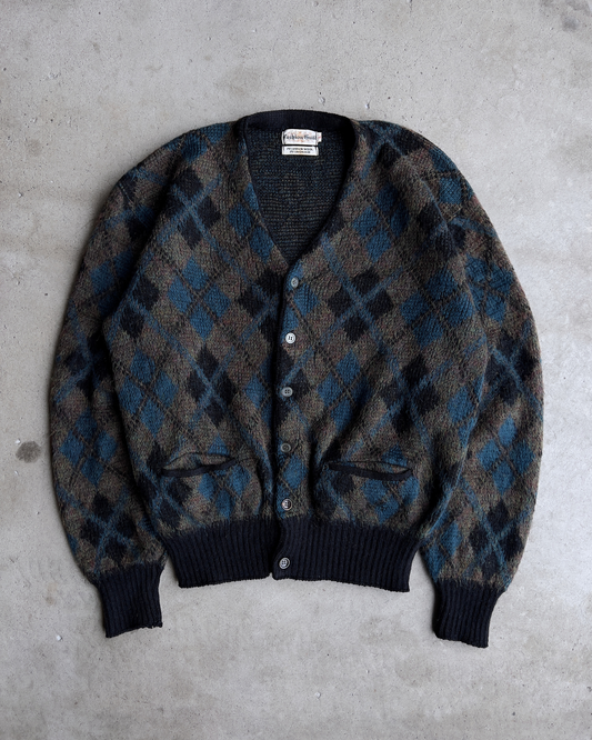 1960s Black & Blue Diamond Argyle Mohair Cardigan  - Shop ThreadCount Vintage Co.