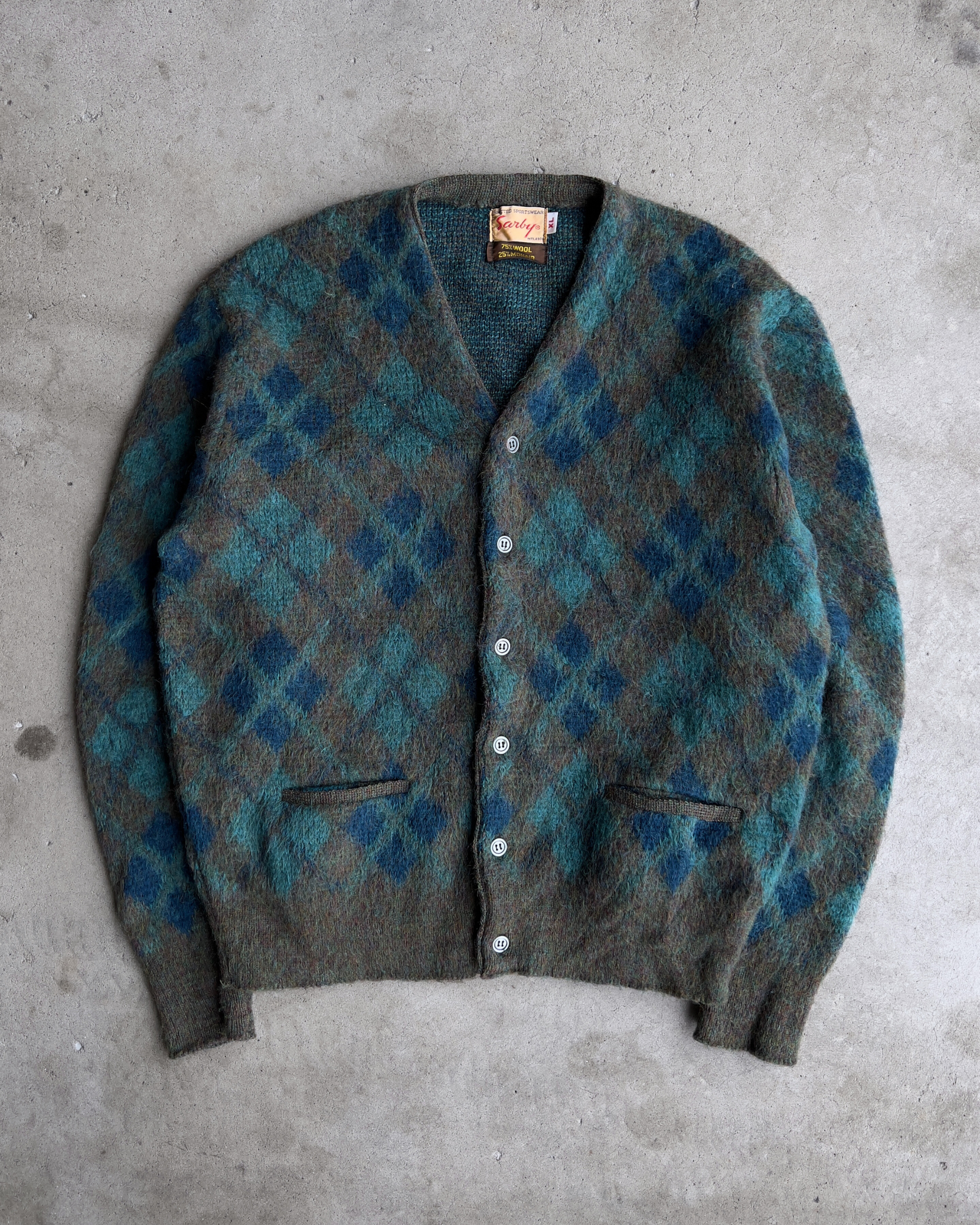 1960s Green & Blue Diamond Argyle Mohair Cardigan  - Shop ThreadCount Vintage Co.