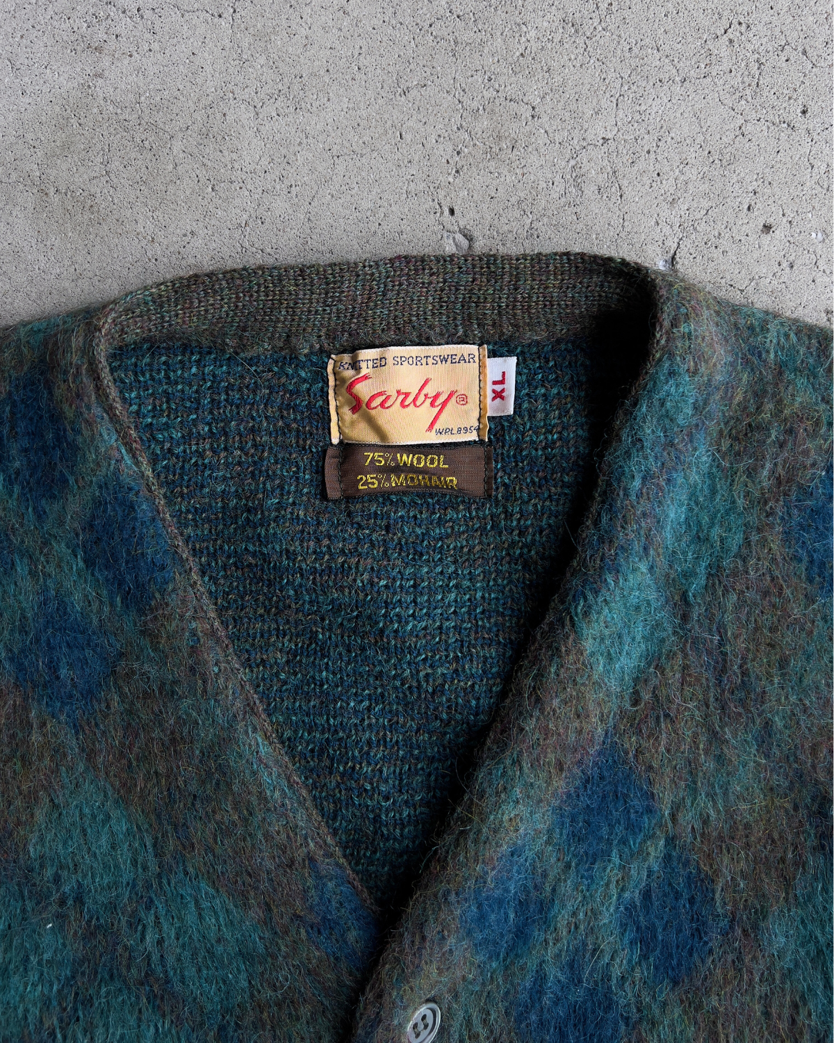 1960s Green & Blue Diamond Argyle Mohair Cardigan  - Shop ThreadCount Vintage Co.