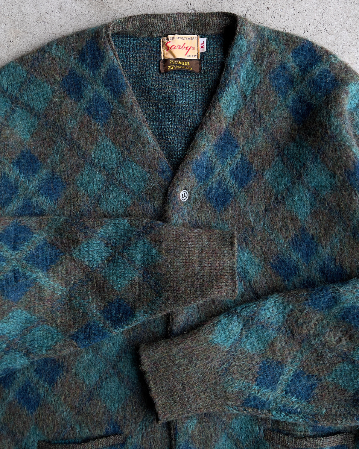 1960s Green & Blue Diamond Argyle Mohair Cardigan  - Shop ThreadCount Vintage Co.