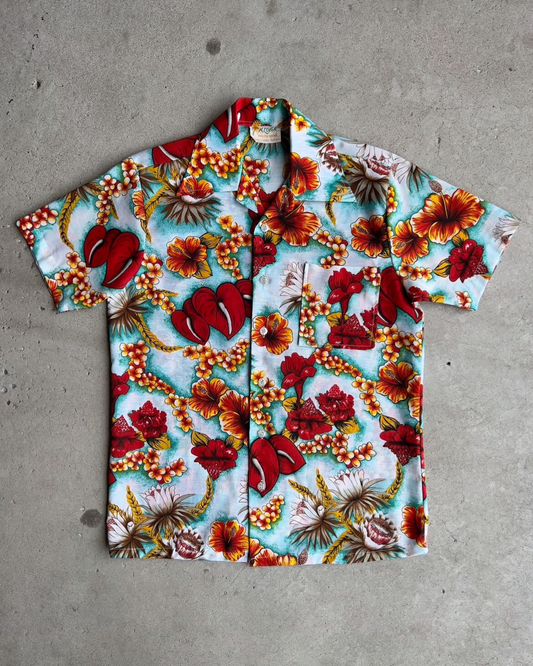 1960s Red Hibiscus Floral Aloha Hawaiian Shirt  - Shop ThreadCount Vintage Co.