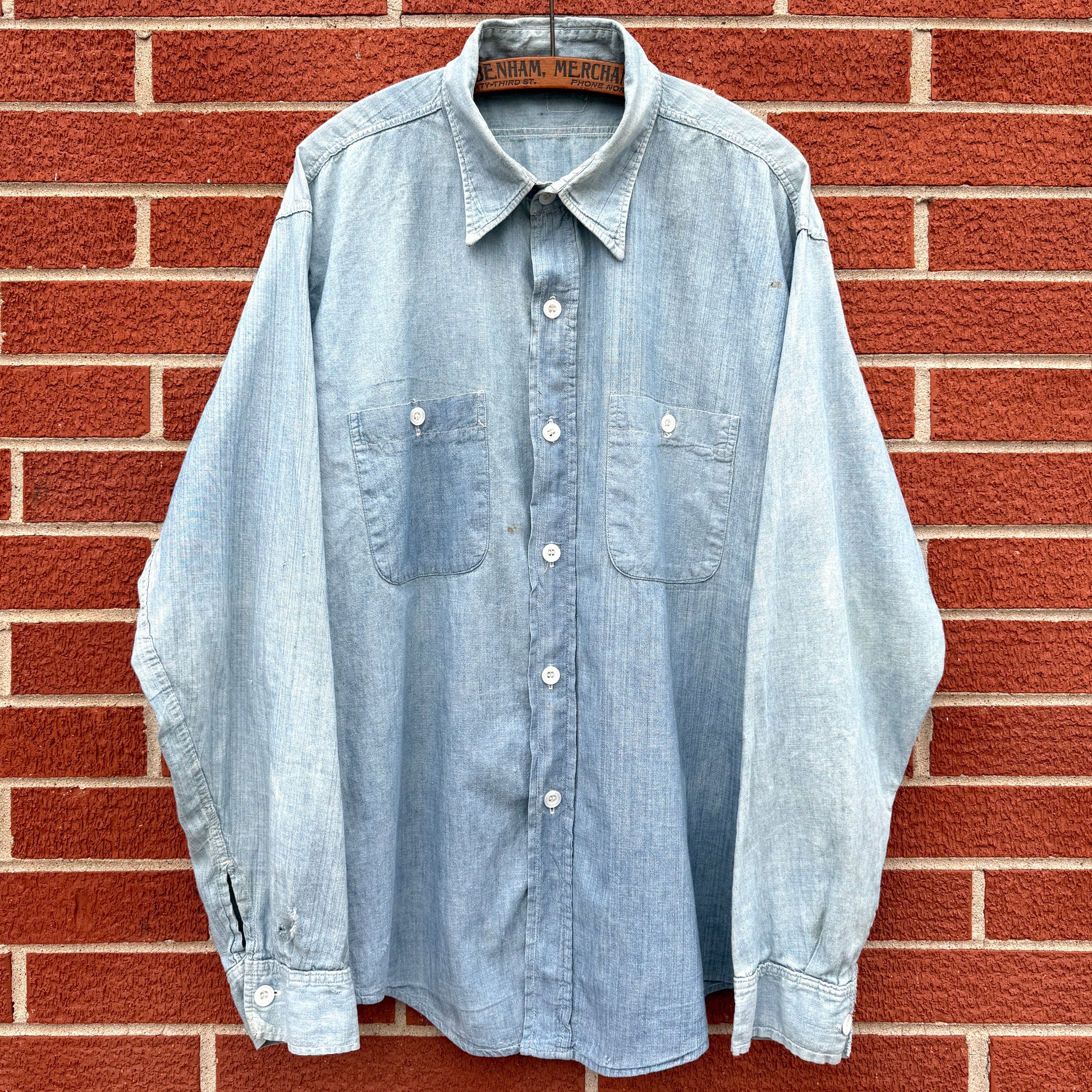 1930s Chambray Cotton Sun Faded Work Shirt  - Shop ThreadCount Vintage Co.