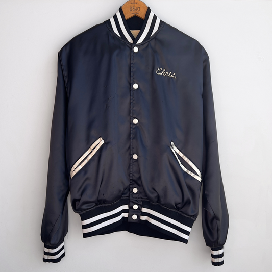 1980s Pawns Play The Game Black Satin Bomber Jacket  - Shop ThreadCount Vintage Co.