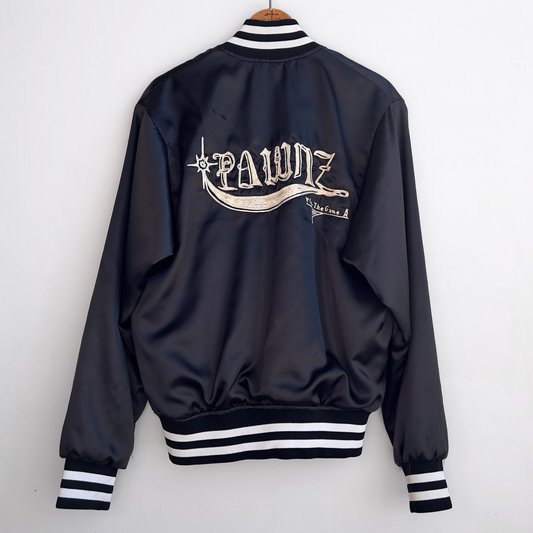 1980s Pawns Play The Game Black Satin Bomber Jacket  - Shop ThreadCount Vintage Co.