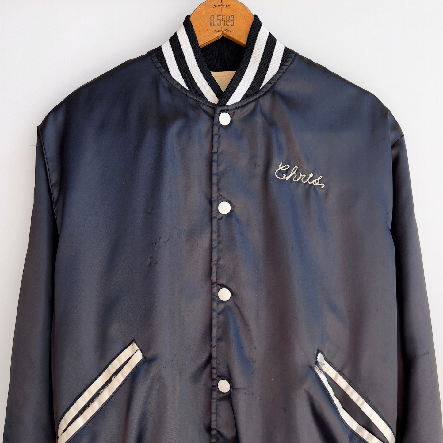 Vintage 1980s Pawns Play The Game Black Satin Bomber Jacket - Shop ThreadCount Vintage Co.