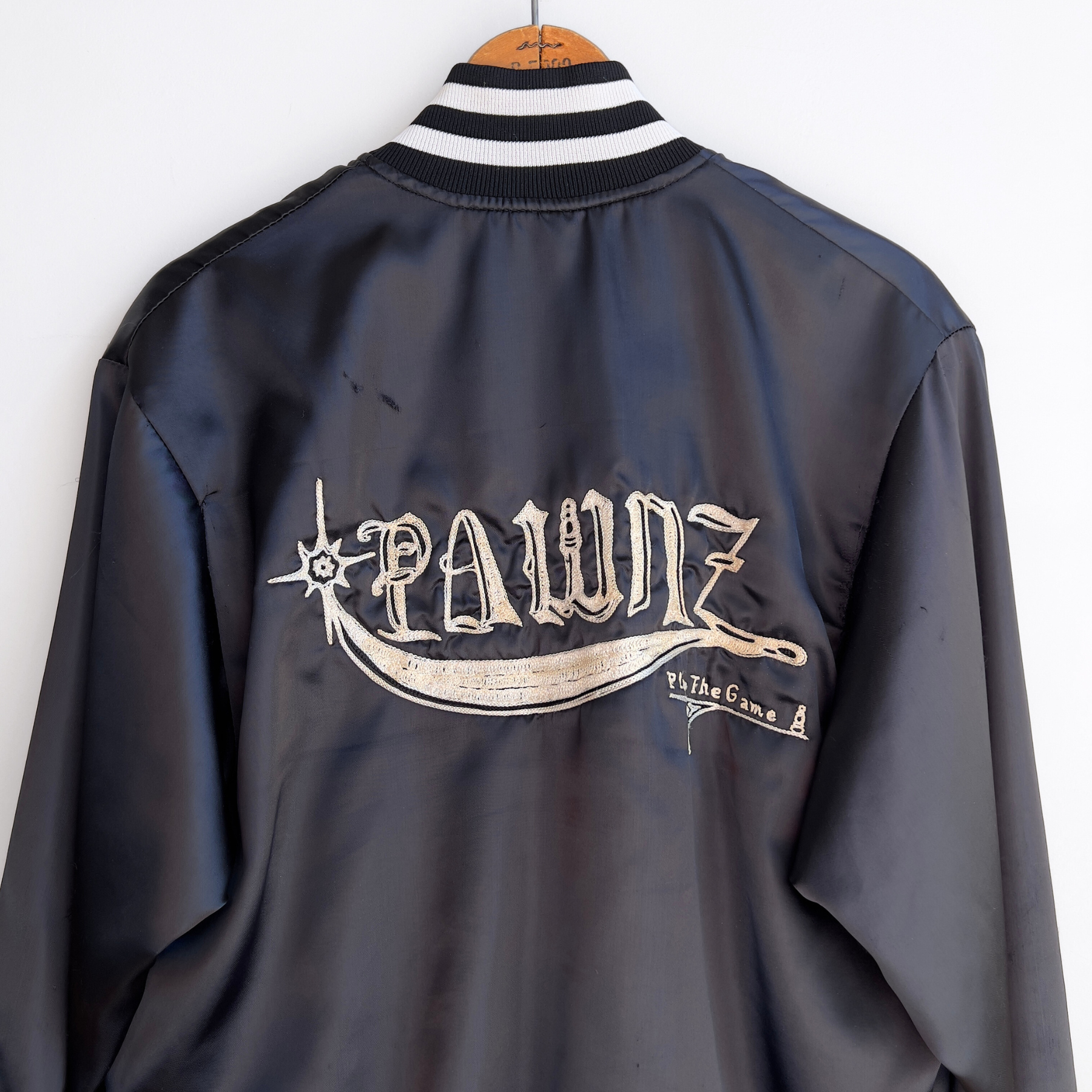 1980s Pawns Play The Game Black Satin Bomber Jacket  - Shop ThreadCount Vintage Co.