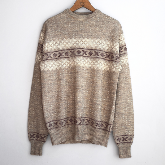 1970s Brown & Cream Geometric Pattern Wool Sweater  - Shop ThreadCount Vintage Co.