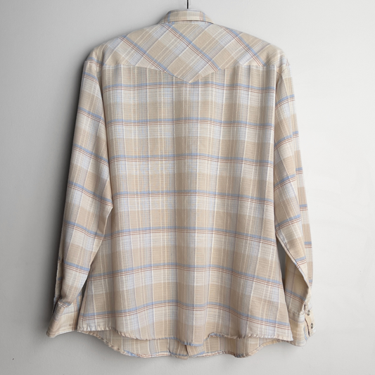 1970s Tan & Blue Sawtooth Pearl Snap Western Shirt  - Shop ThreadCount Vintage Co.