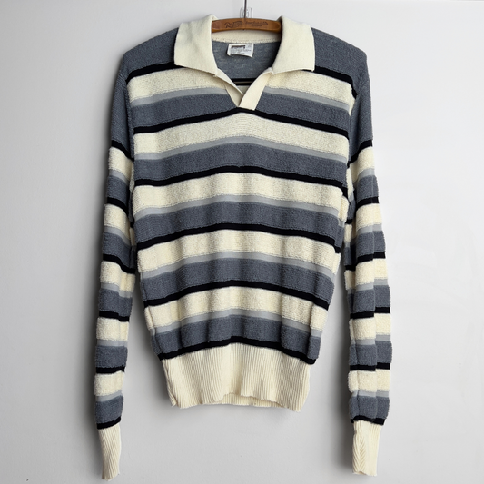 1970s Grey & White Striped Split Collar Terry Sweater  - Shop ThreadCount Vintage Co.