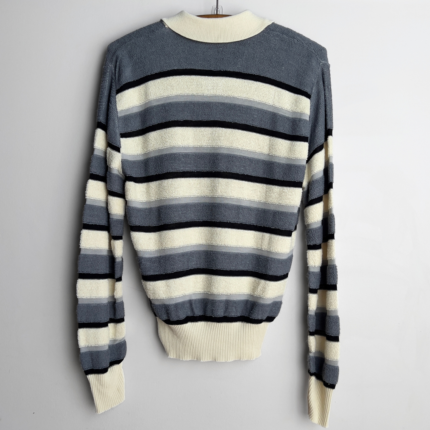 Vintage 1970s Grey & White Striped Split Collar Terry Sweater - Shop ThreadCount Vintage Co.