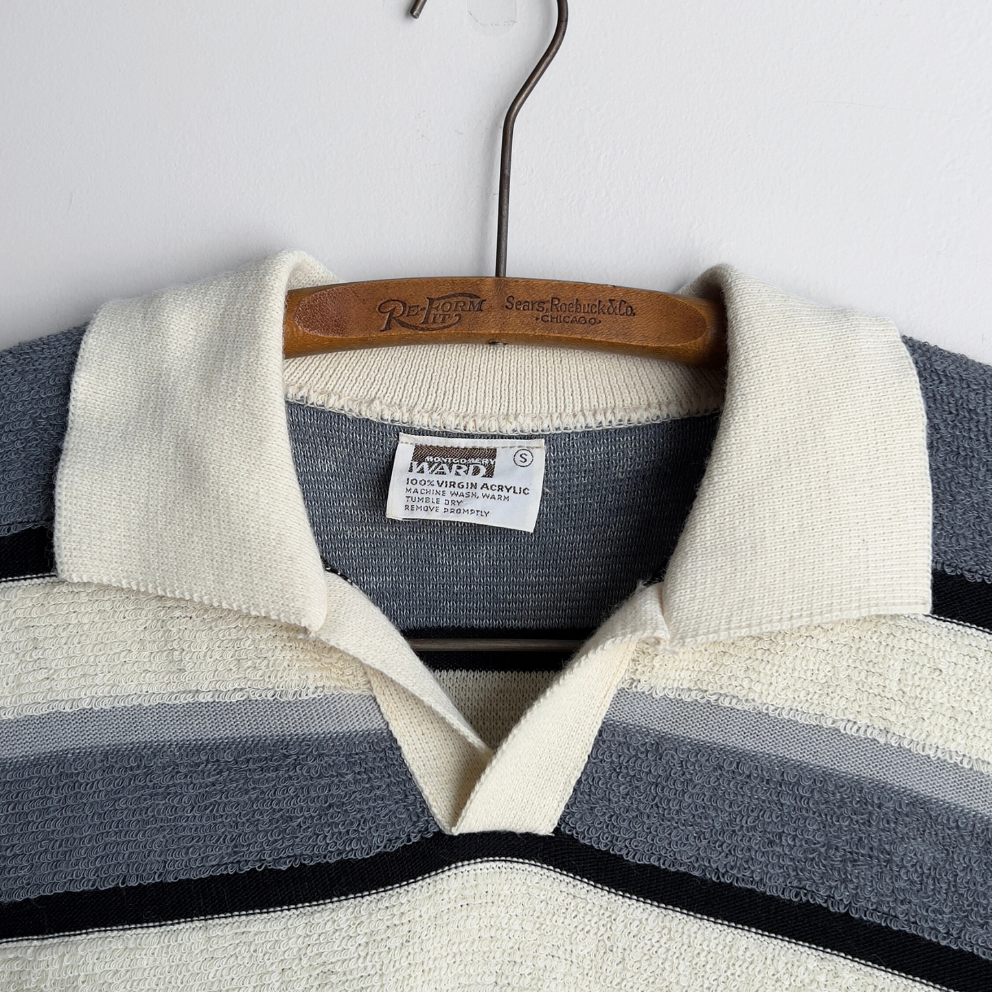 Vintage 1970s Grey & White Striped Split Collar Terry Sweater - Shop ThreadCount Vintage Co.