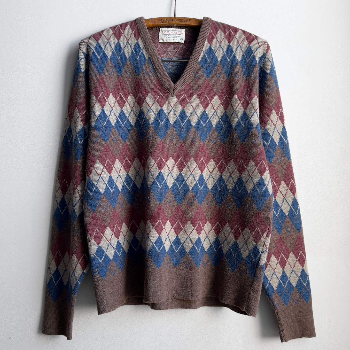 Vintage 1970s Lord Jeff Brown & Blue Argyle V-Neck Sweater - Shop ThreadCount Vintage Co.