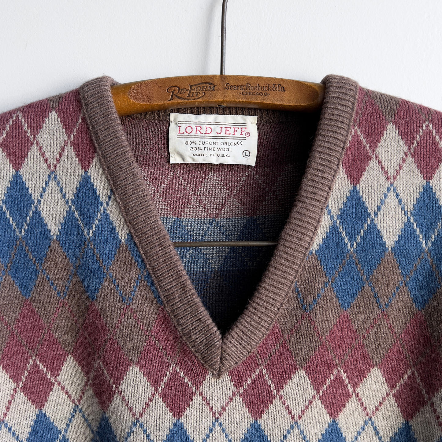 Vintage 1970s Lord Jeff Brown & Blue Argyle V-Neck Sweater - Shop ThreadCount Vintage Co.