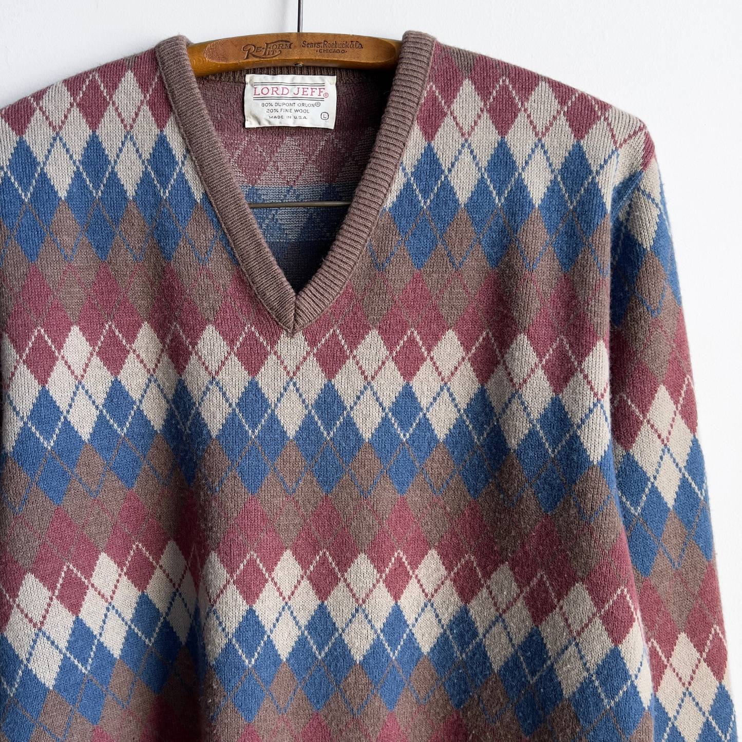 Vintage 1970s Lord Jeff Brown & Blue Argyle V-Neck Sweater - Shop ThreadCount Vintage Co.