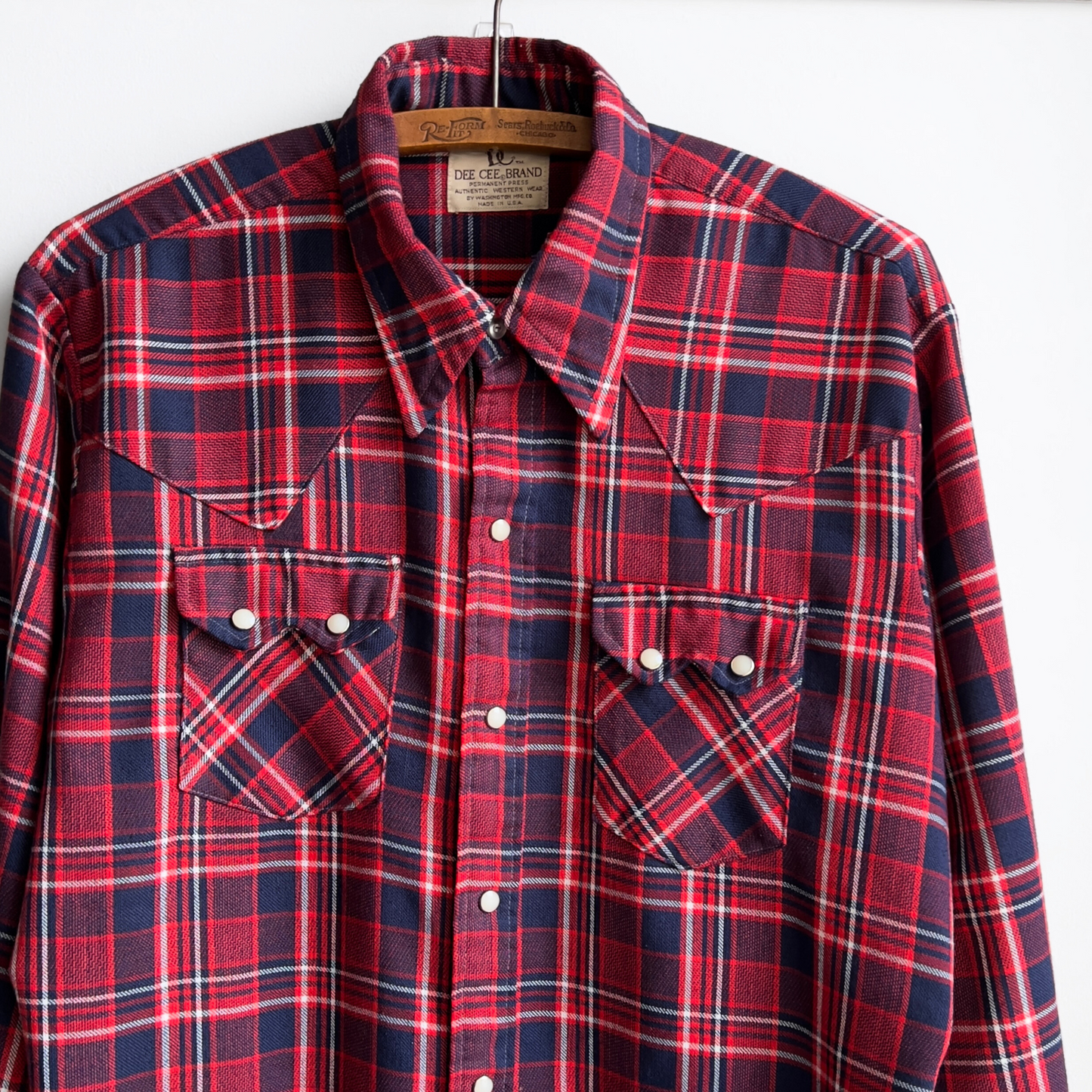 Vintage 1980s Red & Navy Pearl Snap Western Plaid Shirt - Shop ThreadCount Vintage Co.