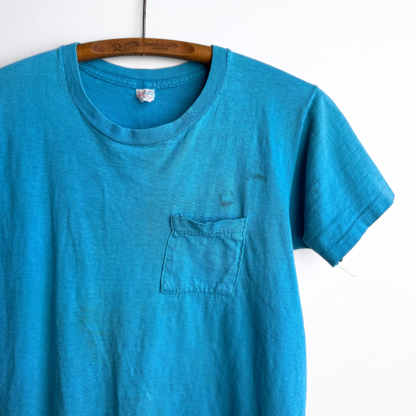 Vintage 1960s Faded & Distressed Blue Cotton Pocket Tee - Shop ThreadCount Vintage Co.