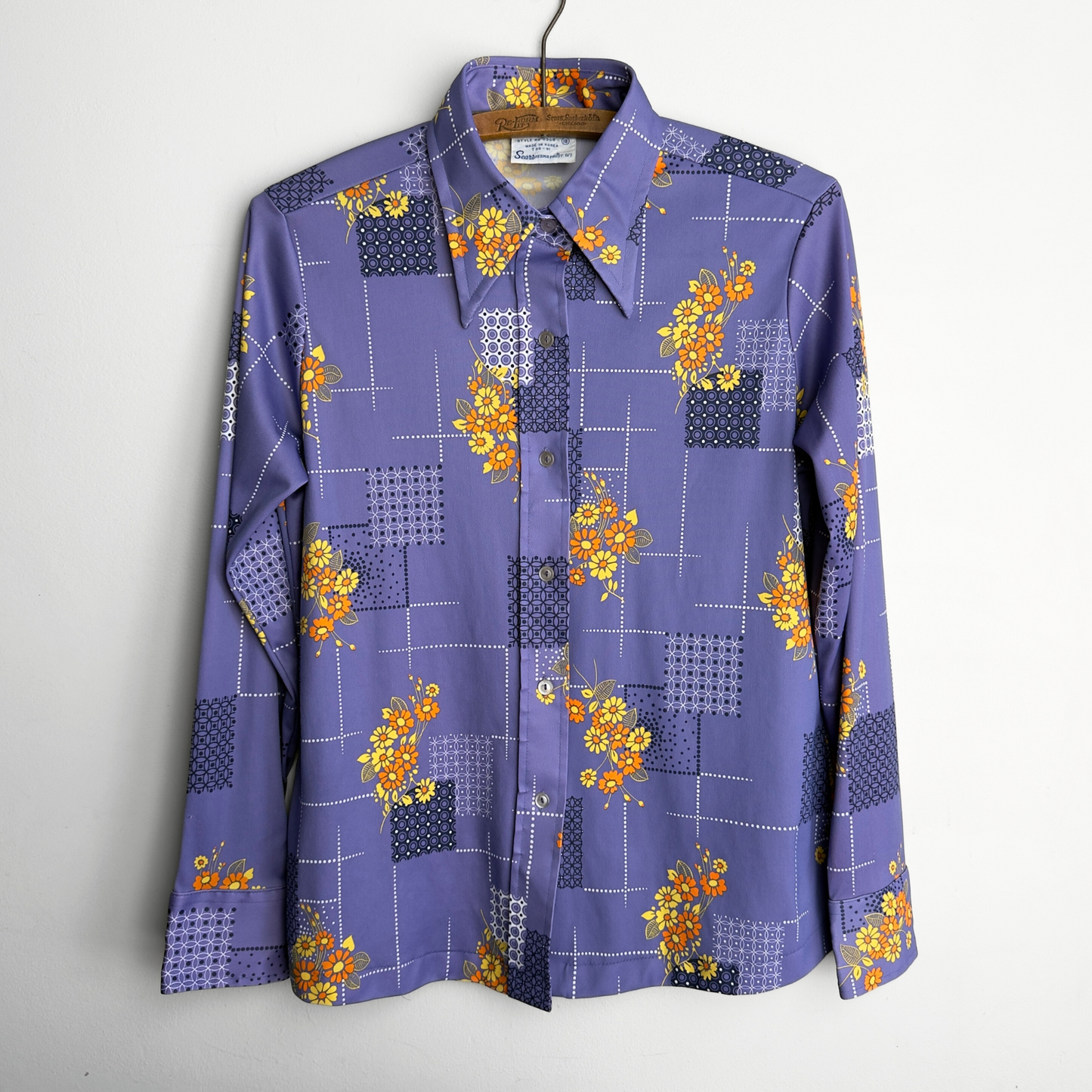 Vintage 1970s Purple Geometric Daisy Print Button Up Shirt - Shop ThreadCount Vintage Co.