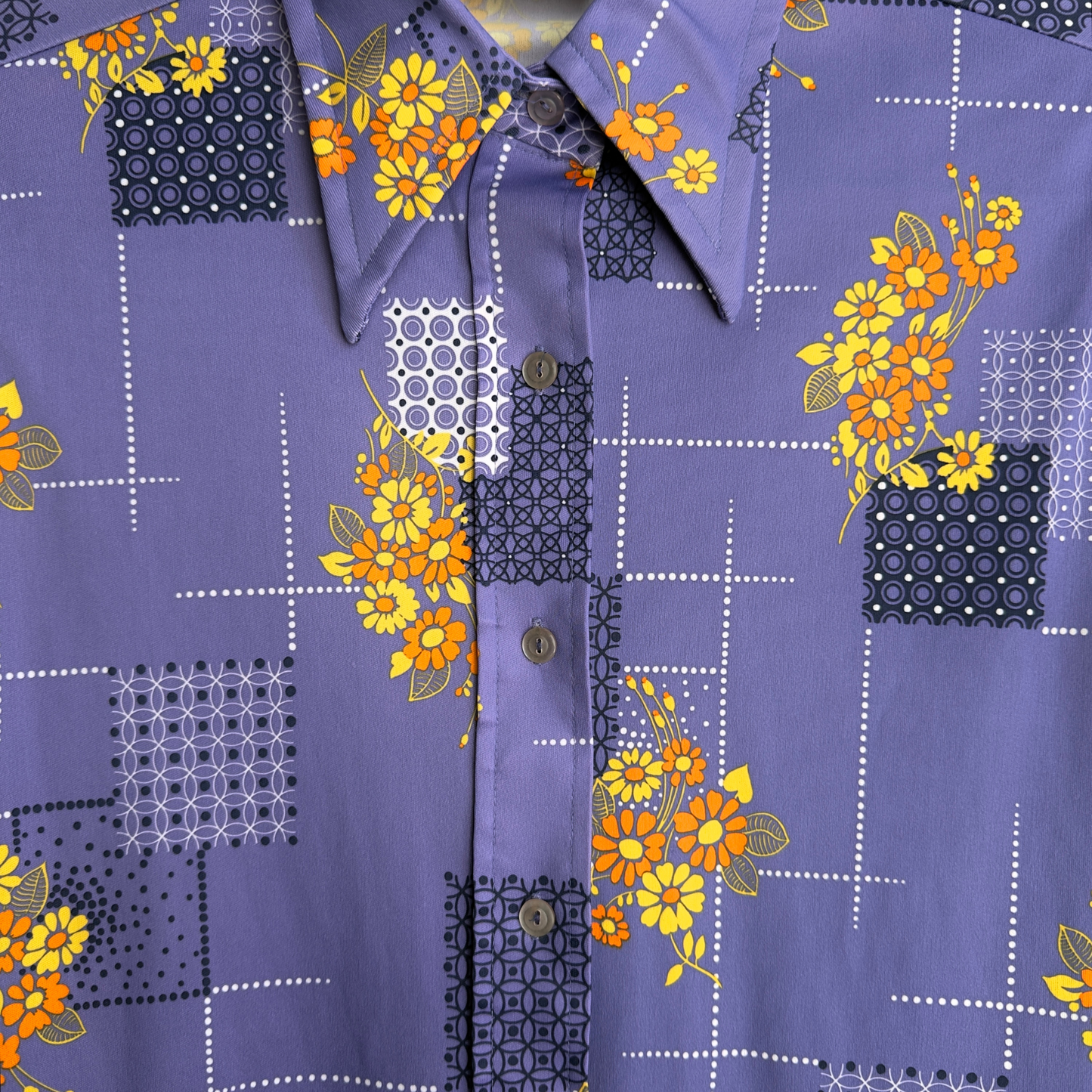 Vintage 1970s Purple Geometric Daisy Print Button Up Shirt - Shop ThreadCount Vintage Co.