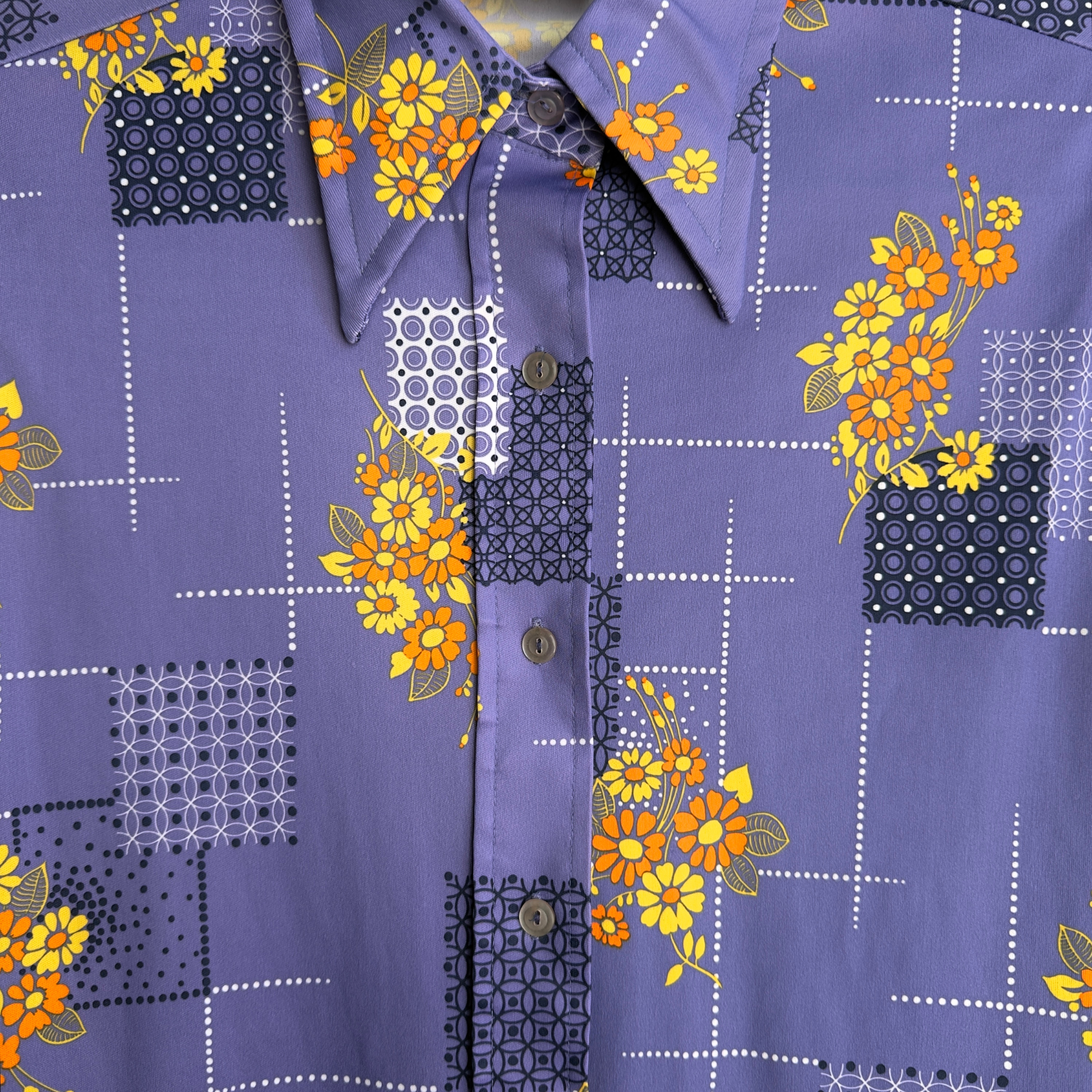 1970s Purple Geometric Daisy Print Button Up Shirt  - Shop ThreadCount Vintage Co.