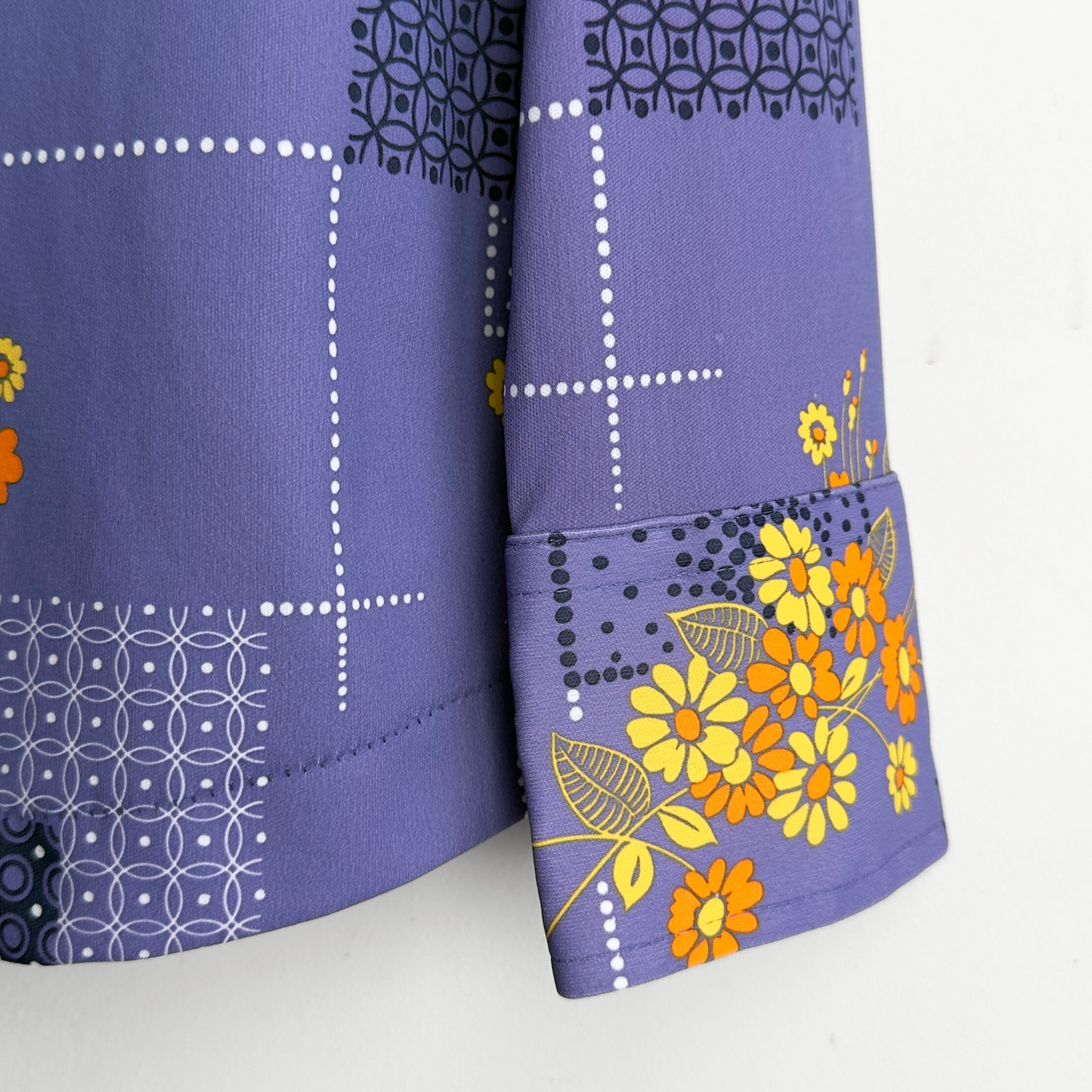 Vintage 1970s Purple Geometric Daisy Print Button Up Shirt - Shop ThreadCount Vintage Co.