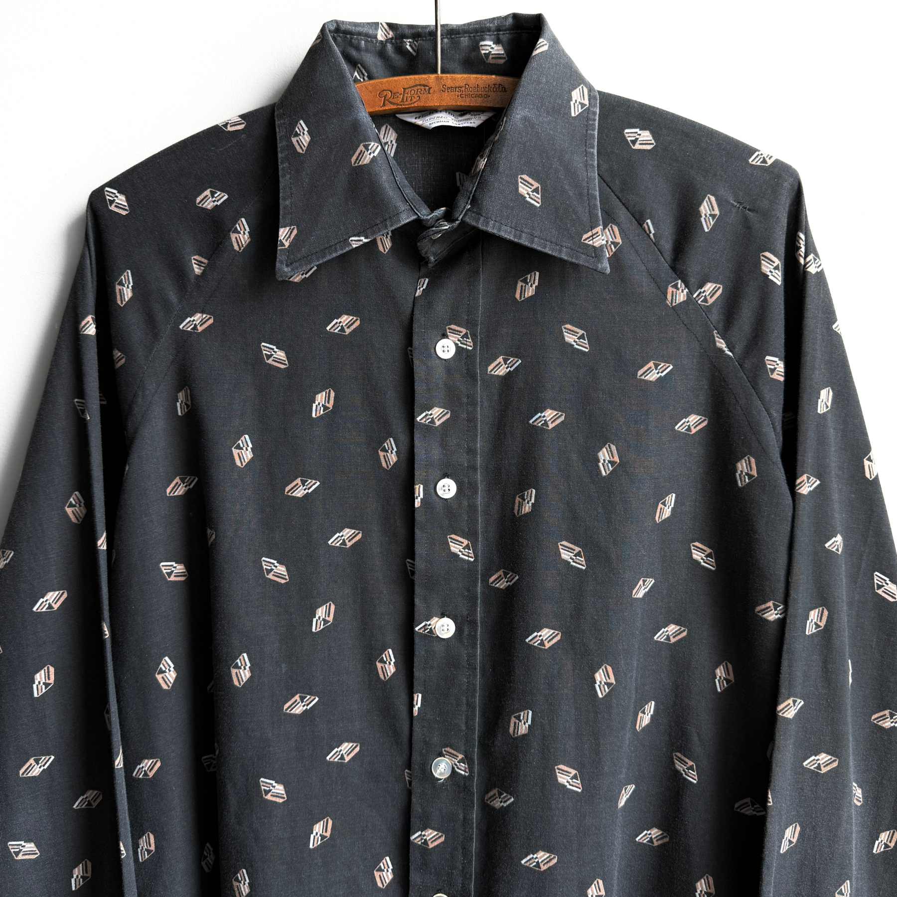 1960s Black Geometric Print Button Up Shirt  - Shop ThreadCount Vintage Co.