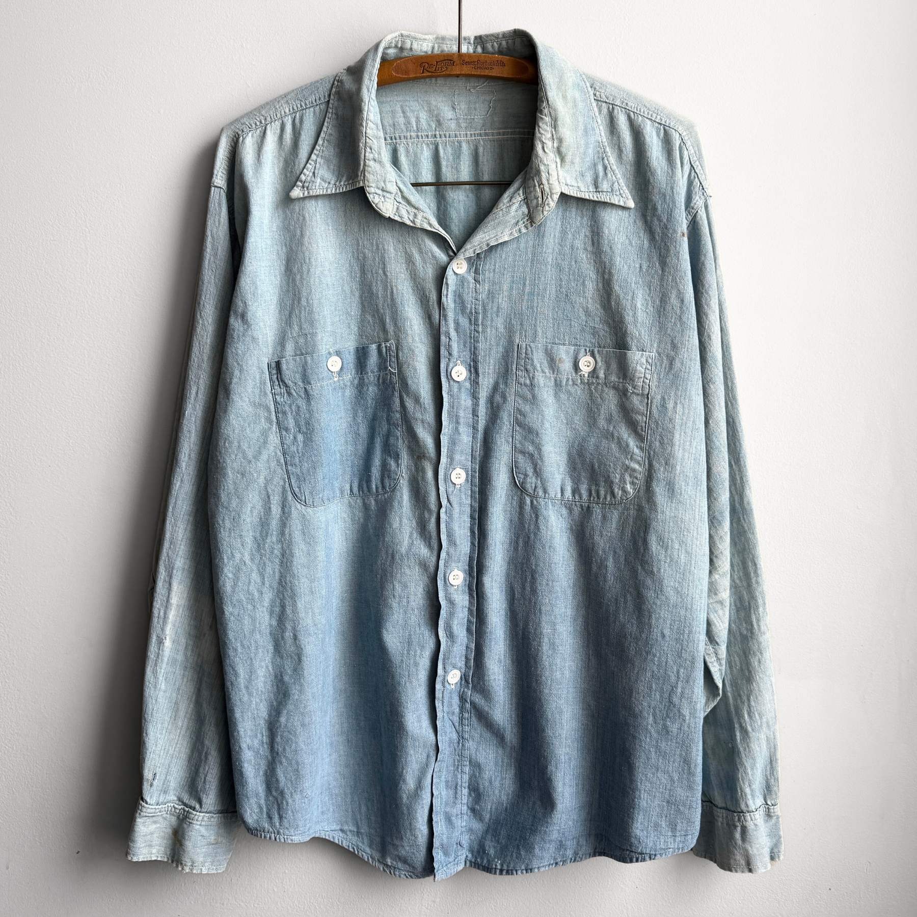 1930s Chambray Cotton Sun Faded Work Shirt  - Shop ThreadCount Vintage Co.