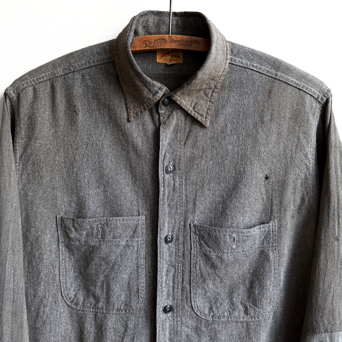 Vintage 1940s Red Ram Salt & Pepper Chambray Cotton Repaired Work Shirt - Shop ThreadCount Vintage Co.