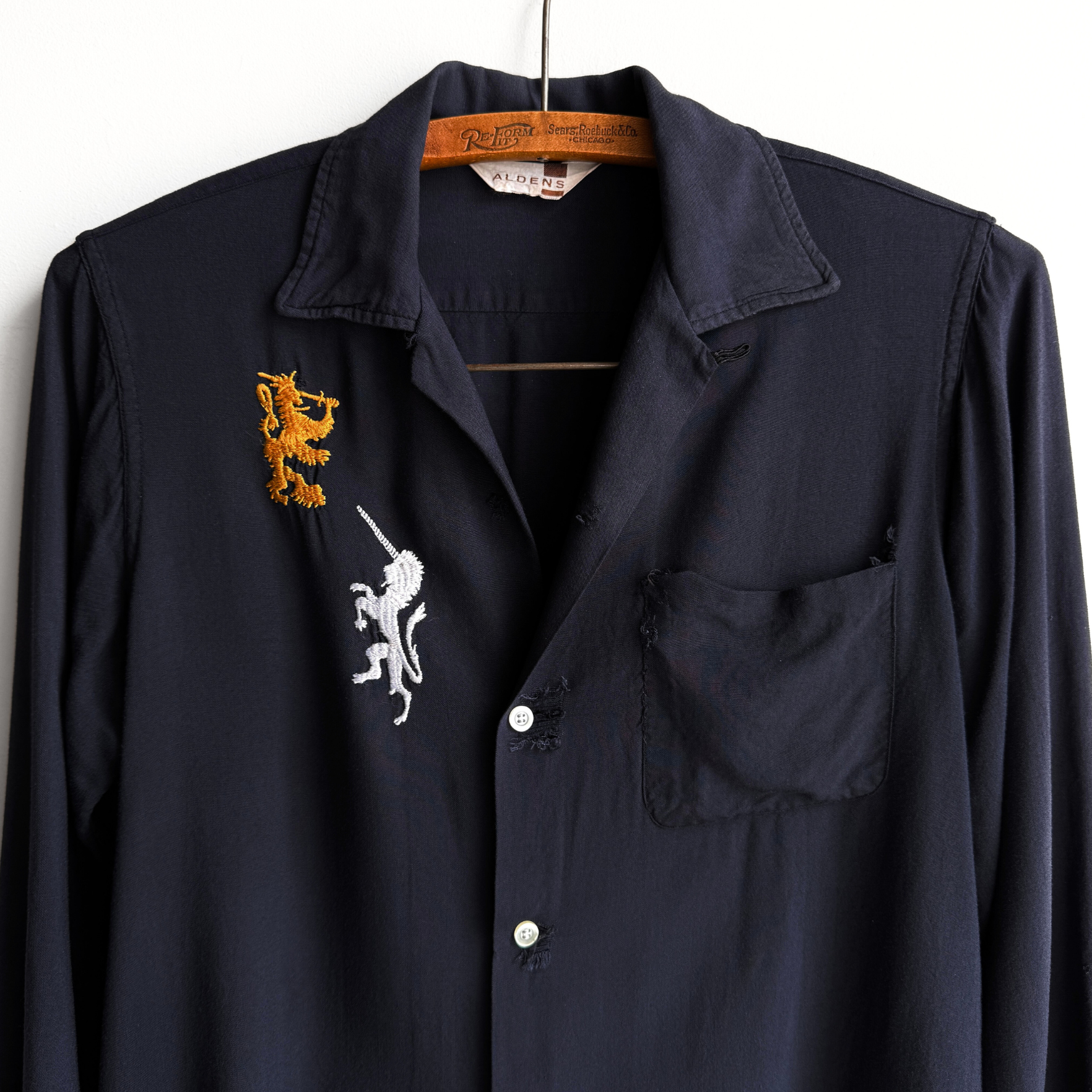 1960s Black Rayon Crest Embroidery Button Up Shirt  - Shop ThreadCount Vintage Co.