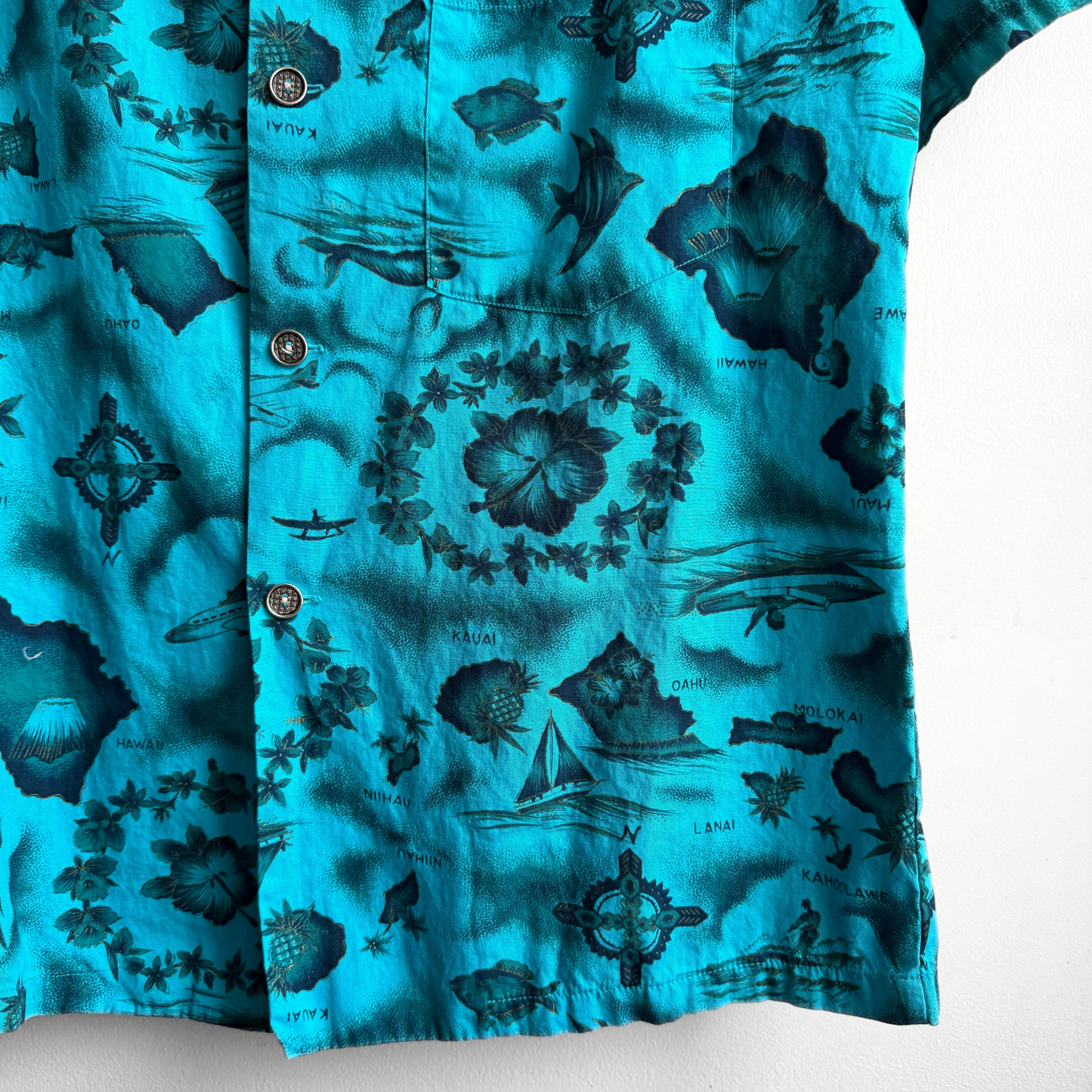 Vintage 1960s Teal Blue Floral Island Print Hawaiian Shirt - Shop ThreadCount Vintage Co.