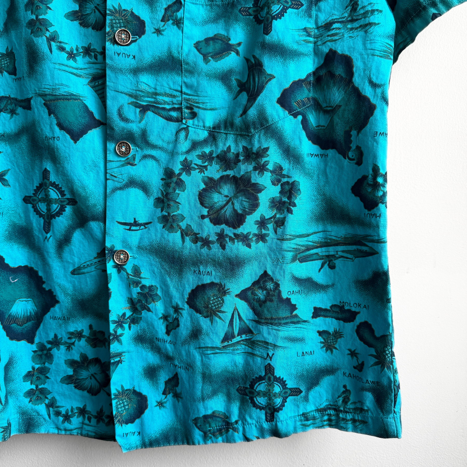 Vintage 1960s Teal Blue Floral Island Print Hawaiian Shirt  - Shop ThreadCount Vintage Co.