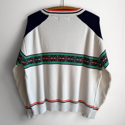 1970s Grey & Green Geometric Knit Acrylic Sweater  - Shop ThreadCount Vintage Co.