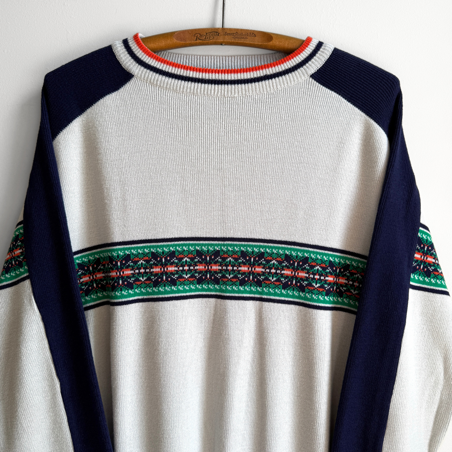 1970s Grey & Green Geometric Knit Acrylic Sweater - Shop ThreadCount Vintage Co.