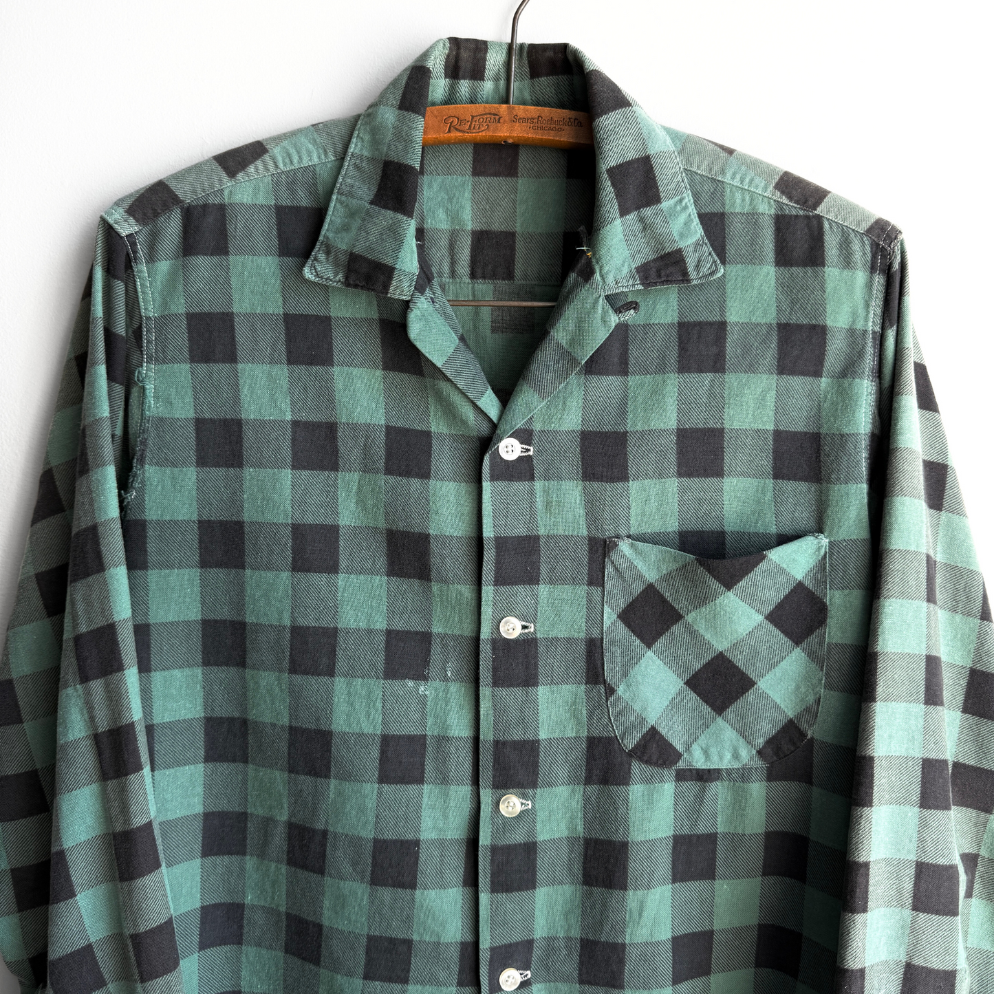 1960s Green & Black Plaid Loop Collar Flannel Shirt - Shop ThreadCount Vintage Co.