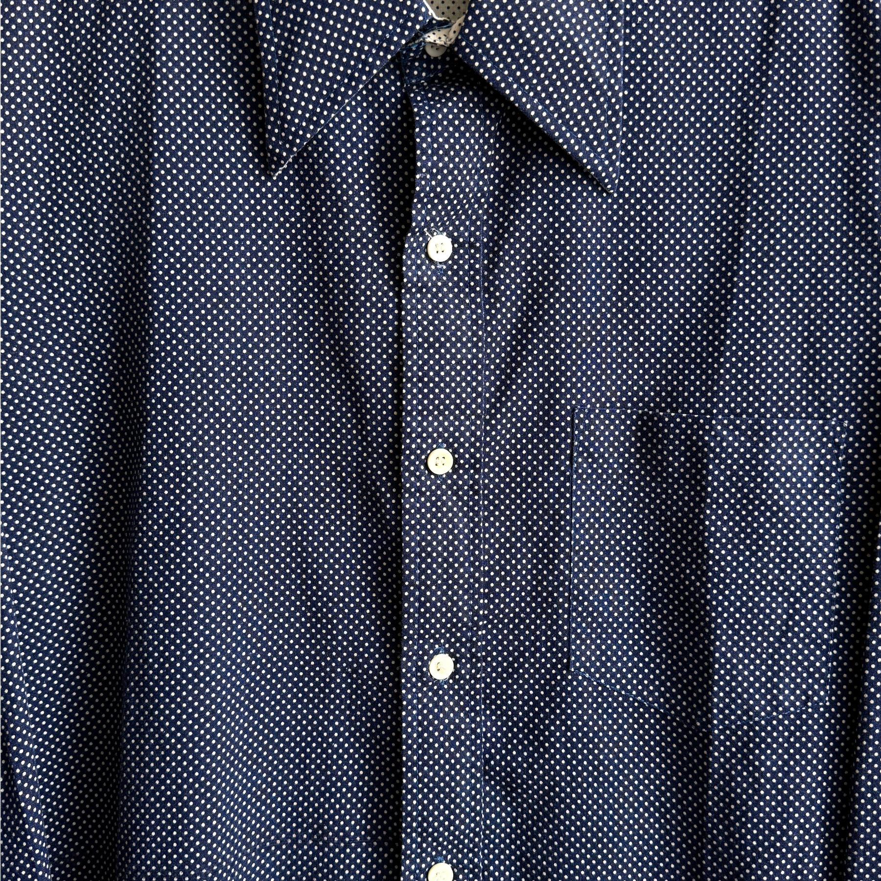 1970s Navy Blue Dot Print Button Up Dress Shirt  - Shop THREADCOUNT Vintage Co.