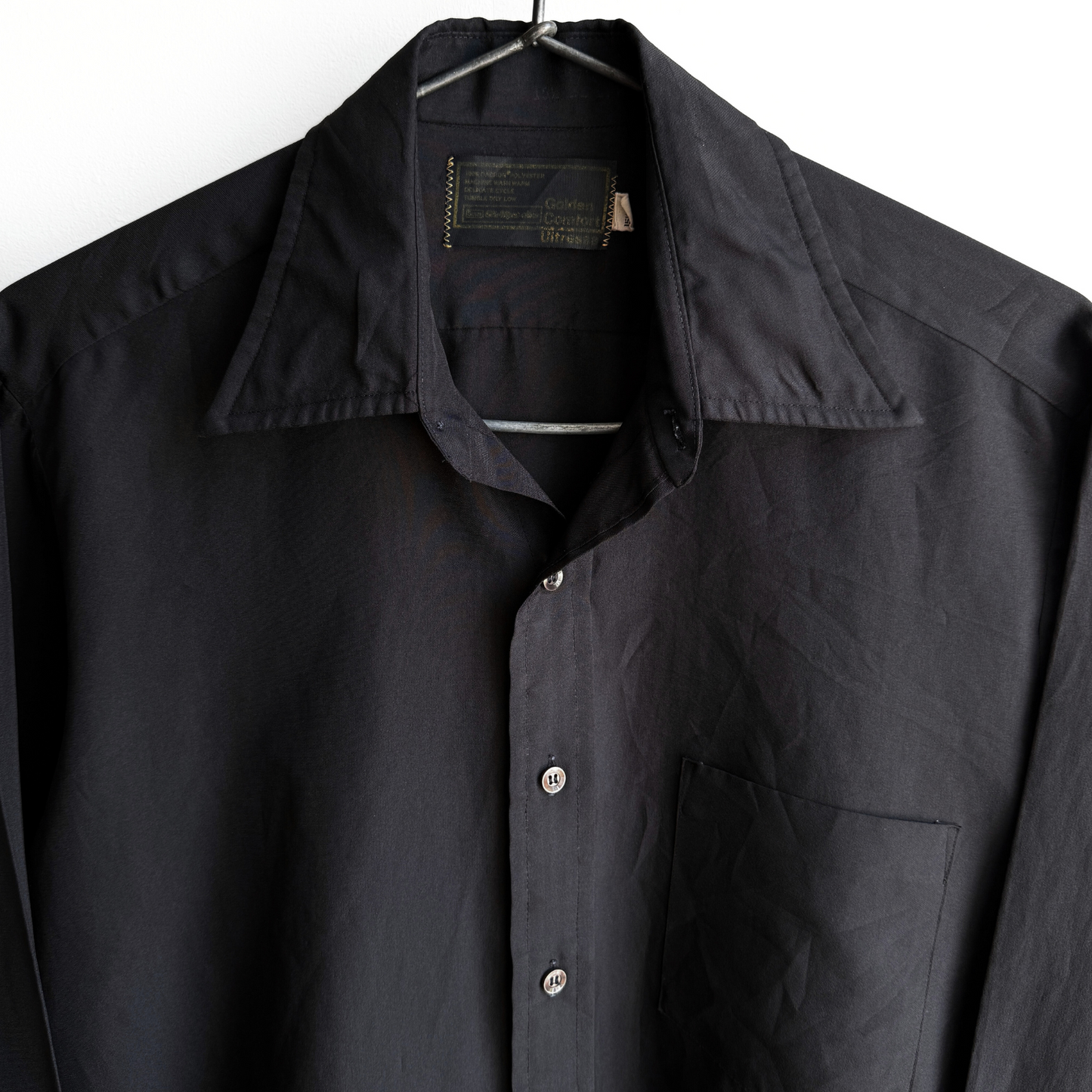 1970s Black Polyester Button Up Dress Shirt