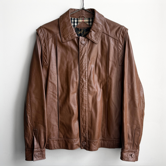 1970s Brown Plaid Lined Genuine Leather Jacket