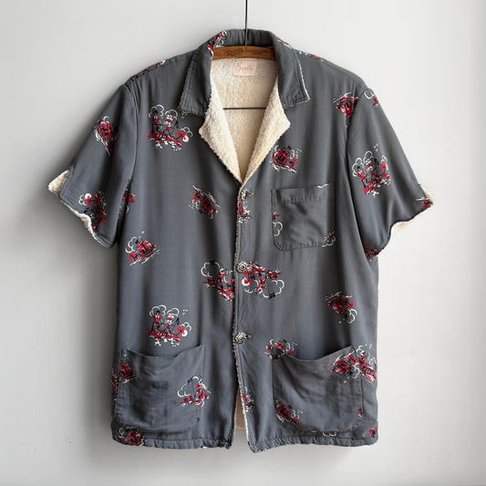 1950s Pirate Print Rayon & Terry Cloth Cabana Shirt