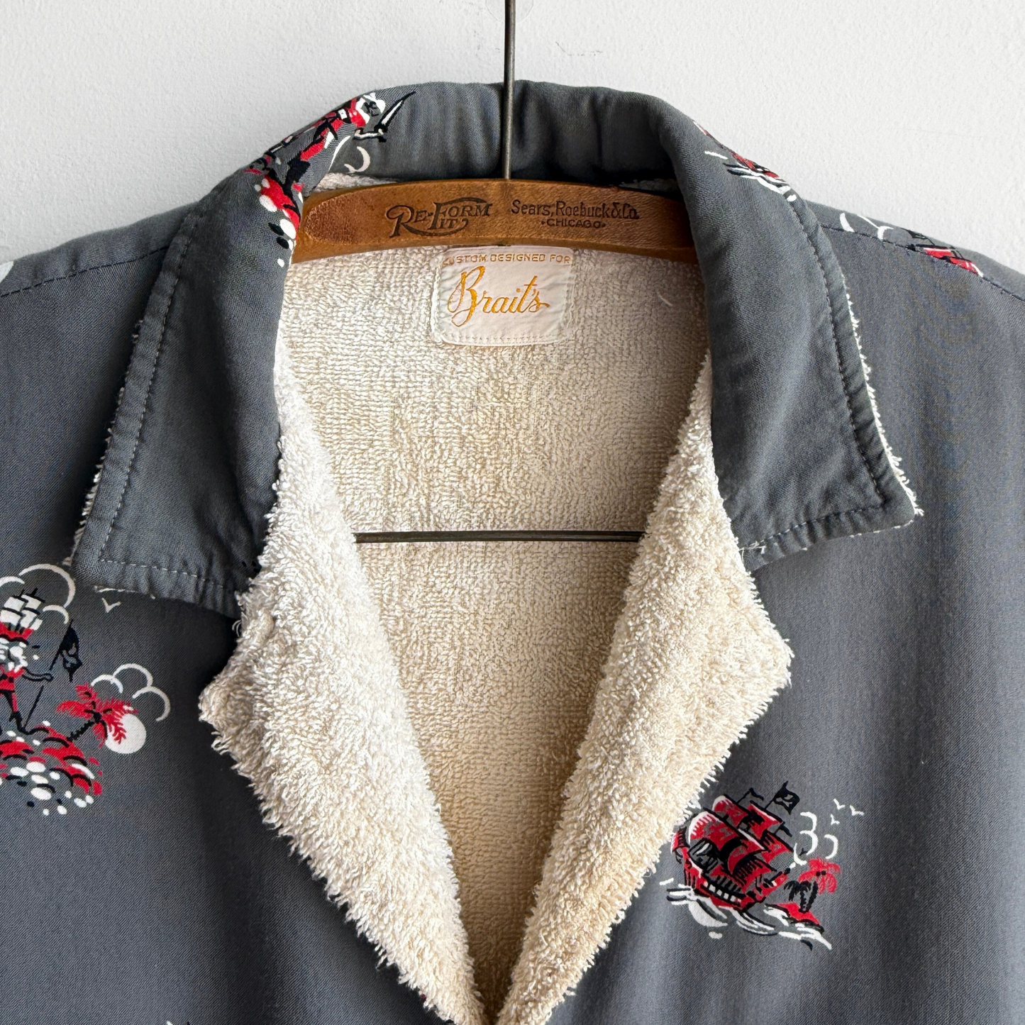 1950s Pirate Print Rayon & Terry Cloth Cabana Shirt