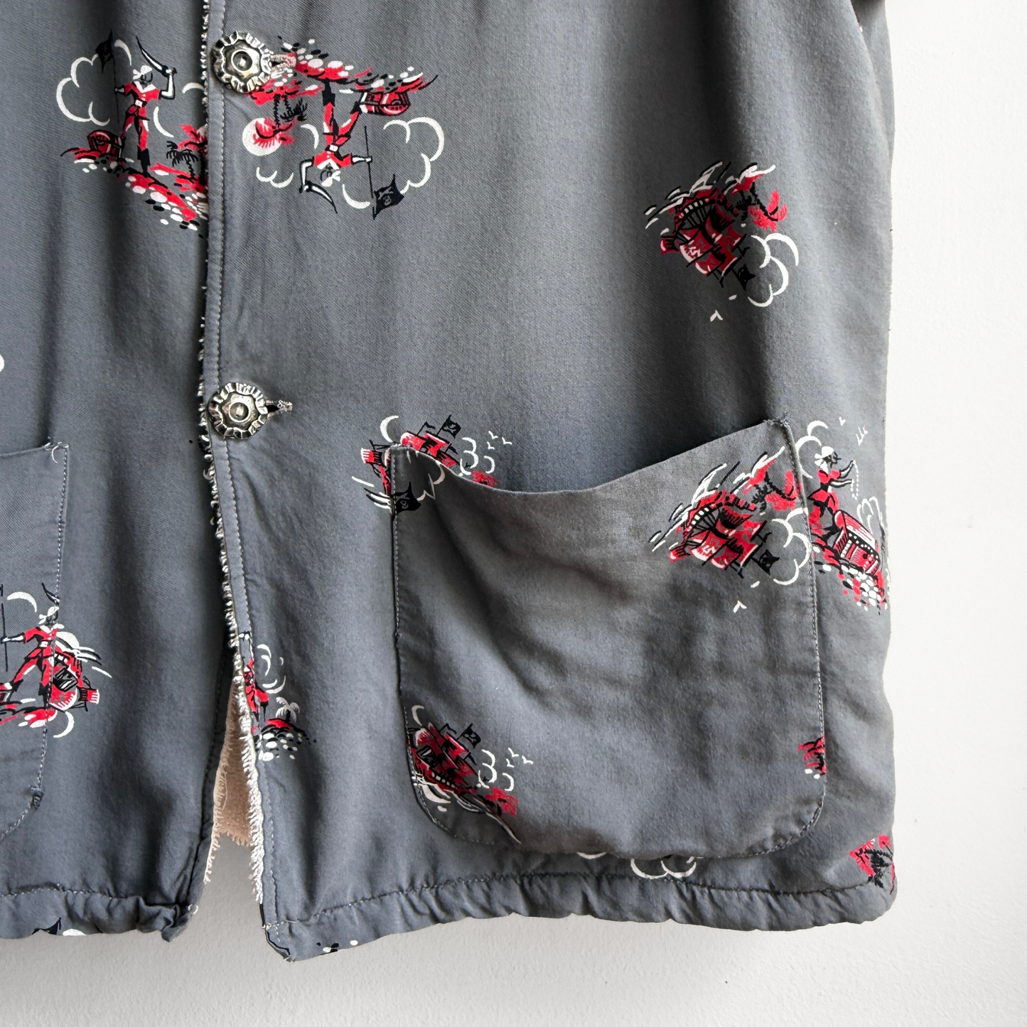 1950s Pirate Print Rayon & Terry Cloth Cabana Shirt