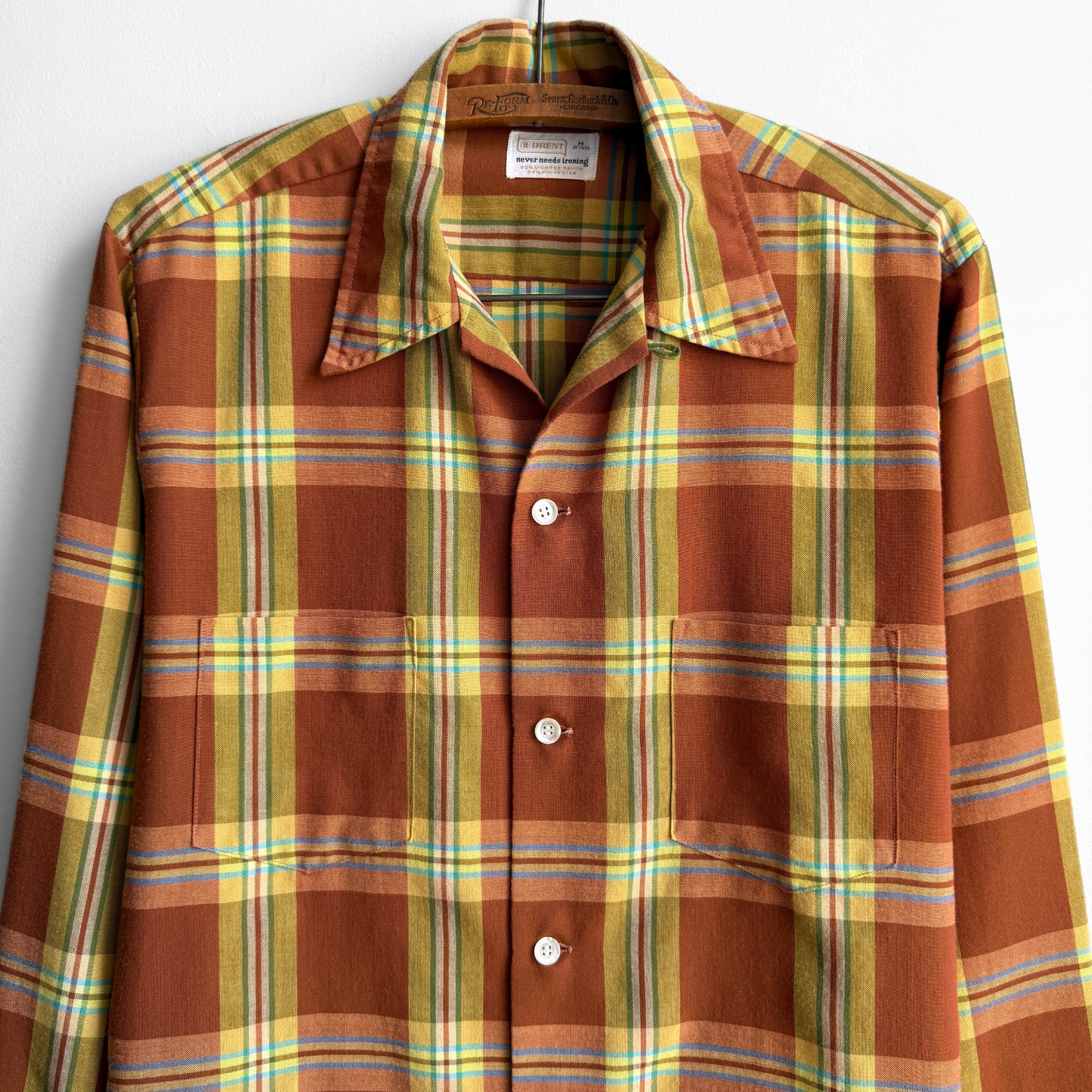 1970s Orange Plaid Rayon Loop Collar Shirt